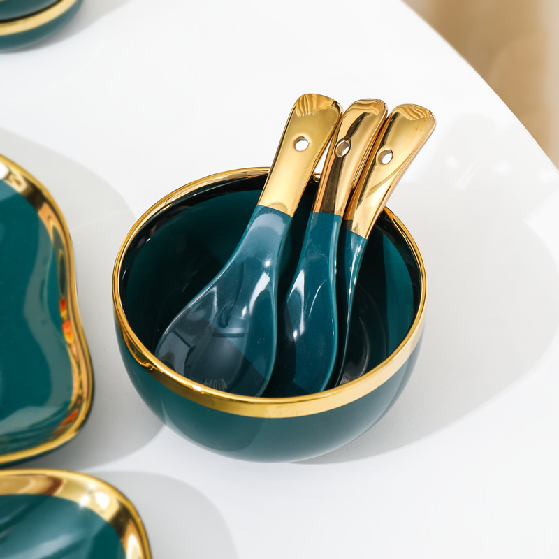 轻奢大金边8支装小o汤勺家用调羹汤匙陶瓷饭碗汤碗汤勺筷子碟子