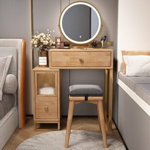 卧室床迷你梳妆台小型原木妆台胡桃木一体化化妆桌实木色收纳柜头