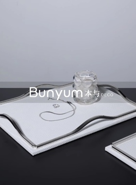 现代轻奢皮革金属置物托盘摆件z艺术收纳盘家居样板间客厅茶几摆