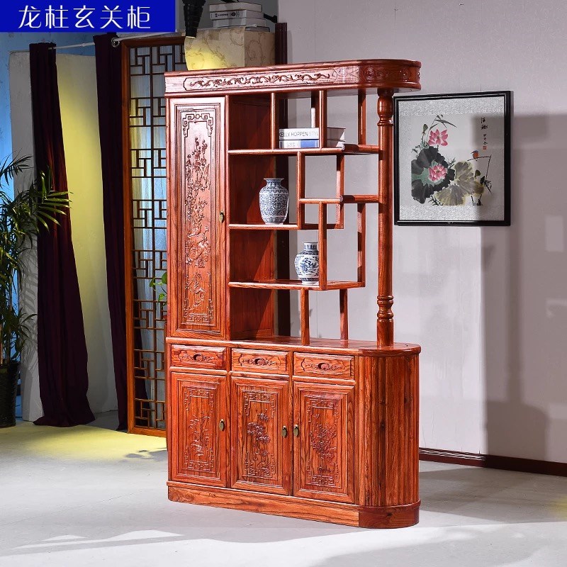 明清中式仿古全实木榆木r制雕花双面玄关柜鞋柜门厅间厅柜三门三