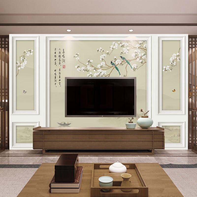 现代新中式壁纸壁画无纺布墙纸z 客厅卧室电视背景墙壁纸花鸟墙布