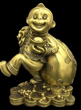 纯铜猴子摆件十二生肖猴元宝聚宝盆猴背钱袋猴助气运家.用家居装