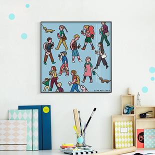 日韩温馨儿童假日简笔手绘版画家庭时光春游时光挂画儿童房装饰画