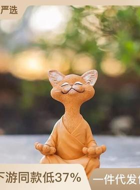 中式黑色冥想猫咪雕塑树脂工艺品办公桌花园摆件家居装饰禅意摆件