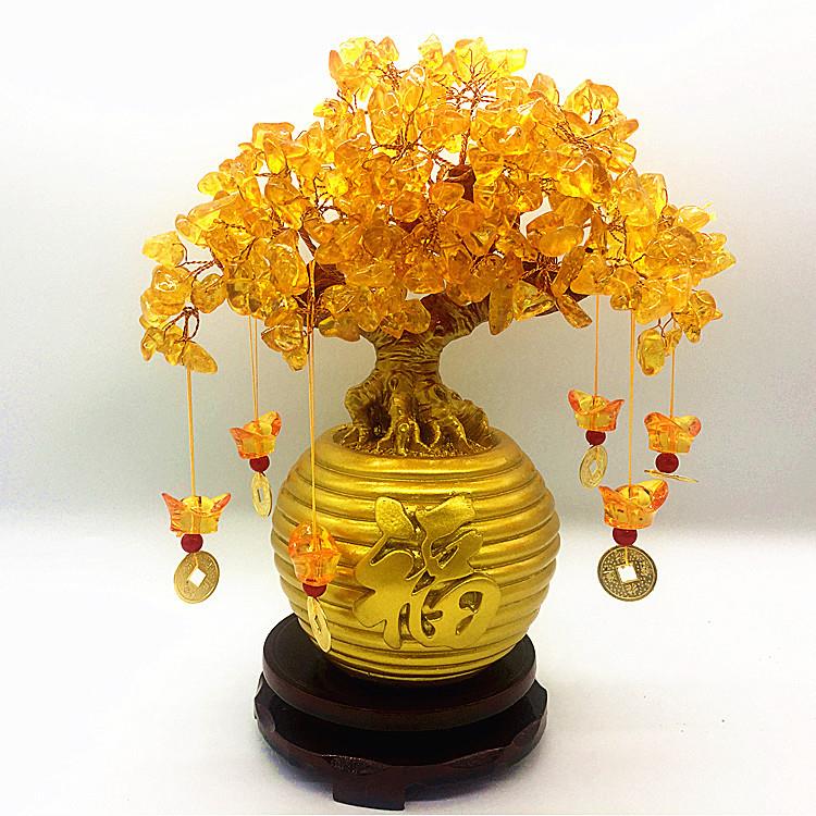 黄水晶小发财树招财树家居酒柜装饰品客厅工艺品摇钱树风水摆件