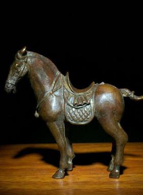 古玩铜器收藏仿古实心铜小唐马摆件骏马带马鞍马驹小铜马把件唐马