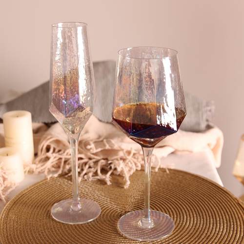 创意锤纹炫彩玻璃杯 北欧复古水晶高脚杯金边香槟杯