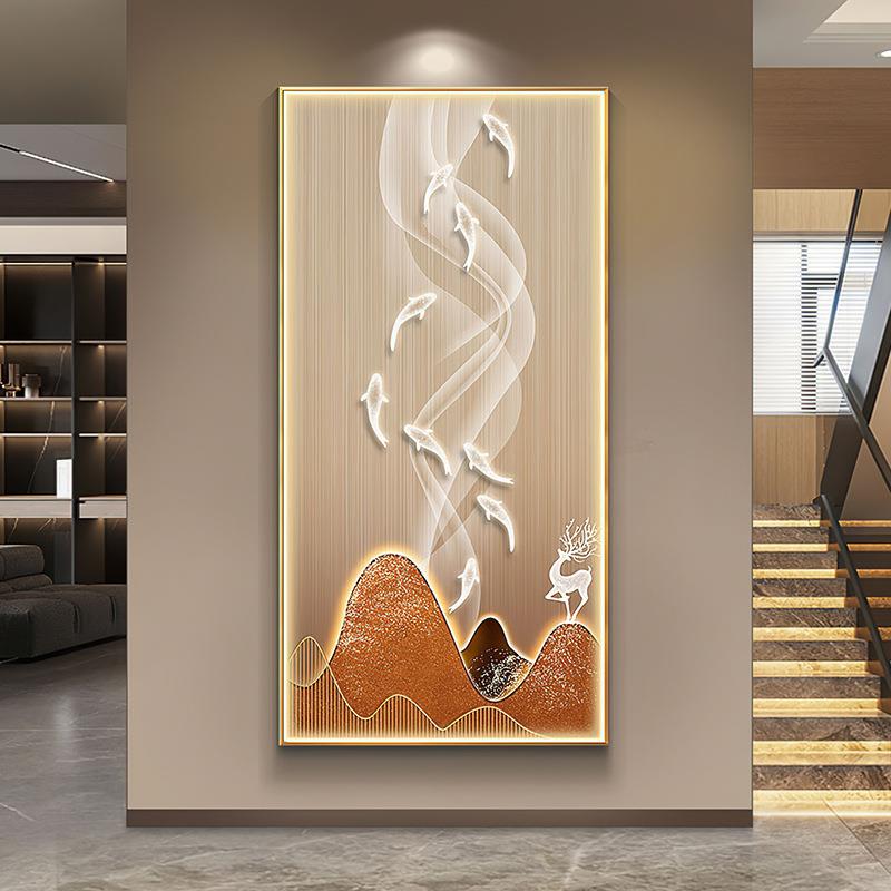 LED灯画简约现代玄关装饰画麋鹿九鱼有山发财走廊过道新中式挂画