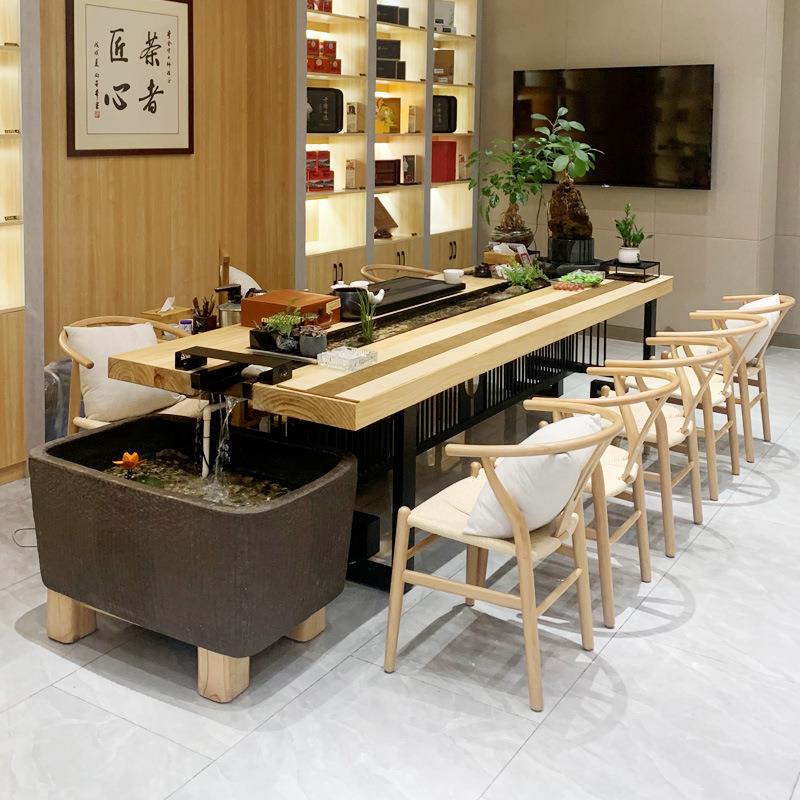 新中式流水茶台桌 禅意接待铁艺泡茶桌 循环景观功夫茶艺桌椅组合