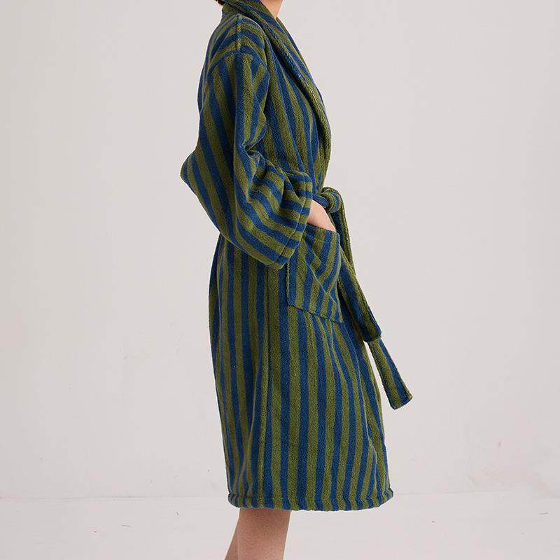 男女士复古琪盘格子32支长绒棉浴袍 竖条纹毛巾料家居服舒适