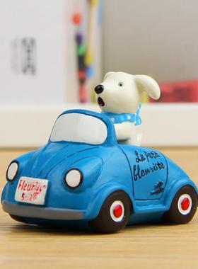 树脂卡通韩版创意开蓝色小车小狗园艺苔藓多肉花插摆件拍摄道具