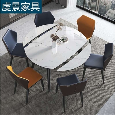 轻奢岩板餐桌可变圆桌家用伸缩圆饭桌简约现代小户型实木折叠餐桌
