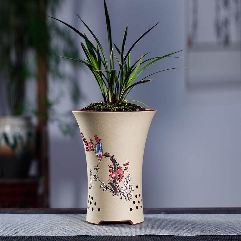 宜兴紫砂花盆花盆兰花盆桌面绿植古典花盆手工刻绘圆形罗罗加