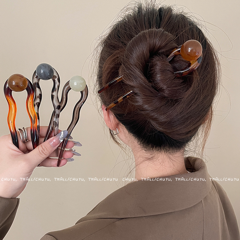 气质U型发簪f女2024新款波浪珍珠发钗后脑勺盘发器高端簪子丸子头