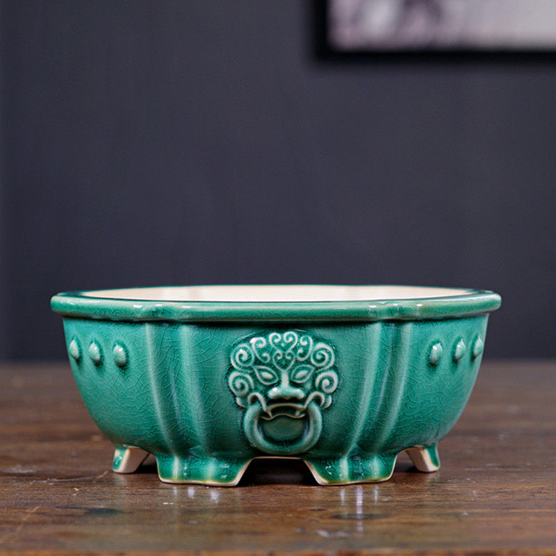 紫砂花盆a高档陶瓷冰裂釉盆六方四方盆景盆鼓丁兽头新中式石湾花