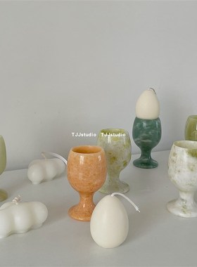 TJJ丨中古玉石杯子摆件复古青白大理石高脚杯T拍摄道具桌面陈列