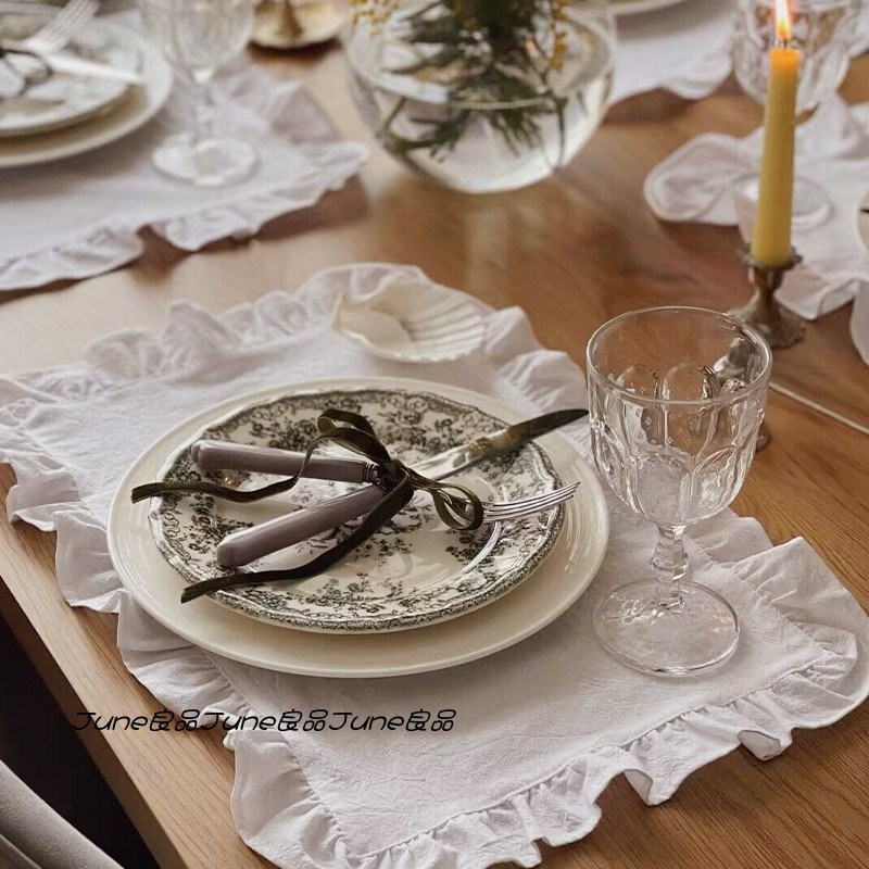 复古棉麻荷叶边餐垫北欧轻奢餐盘杯隔热茶桌垫餐S布拍照美食餐巾