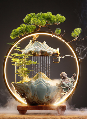 高山流水摆件假山循环水中式招财办公F室开业礼物新家乔迁新居礼