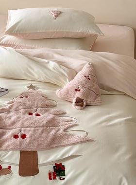 秋冬纯棉磨毛四件套圣诞树贴布绣全棉加厚1.2m被套床笠床品粉绿色