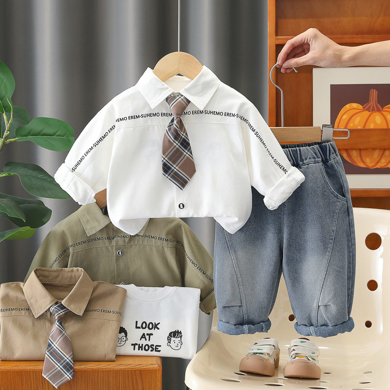 男宝春童装2026春秋新款0-4岁中小童男童领带衬衫长袖T恤三件套装
