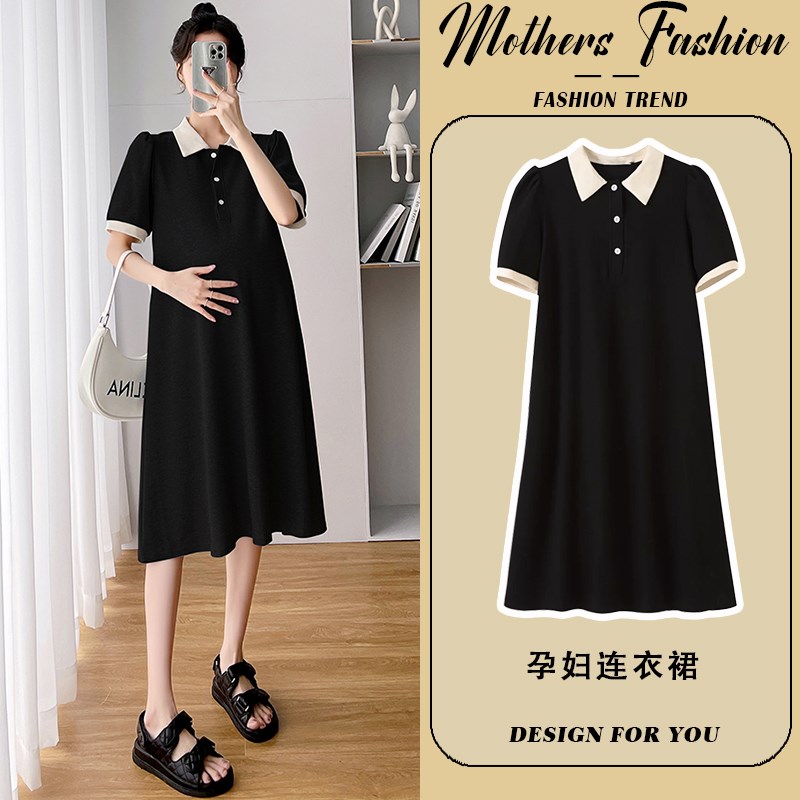 孕妇连衣裙夏季2025新款韩版时尚短袖休闲黑色翻领中长款A字裙女