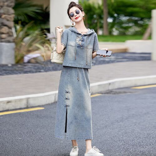 2024夏装时髦洋气大码新中式牛仔连衣裙两件套女长裙套装阔腿裤潮