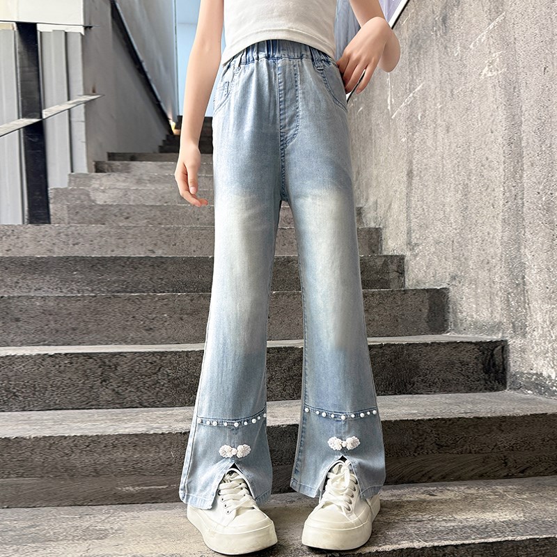 女童牛仔裤夏季薄款2025新款儿童夏款国风喇叭裤女大童夏装裤子潮
