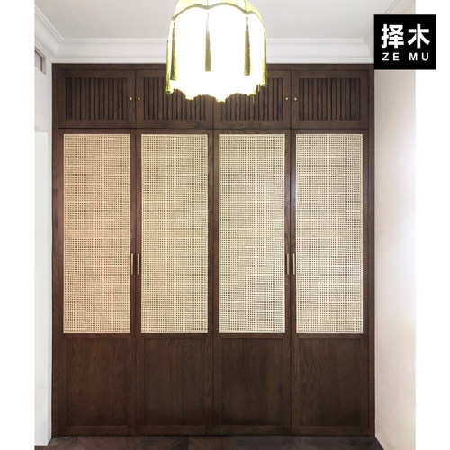 现代简约日式藤编对开门衣橱黑胡桃全实木满墙衣柜定制格栅组合柜