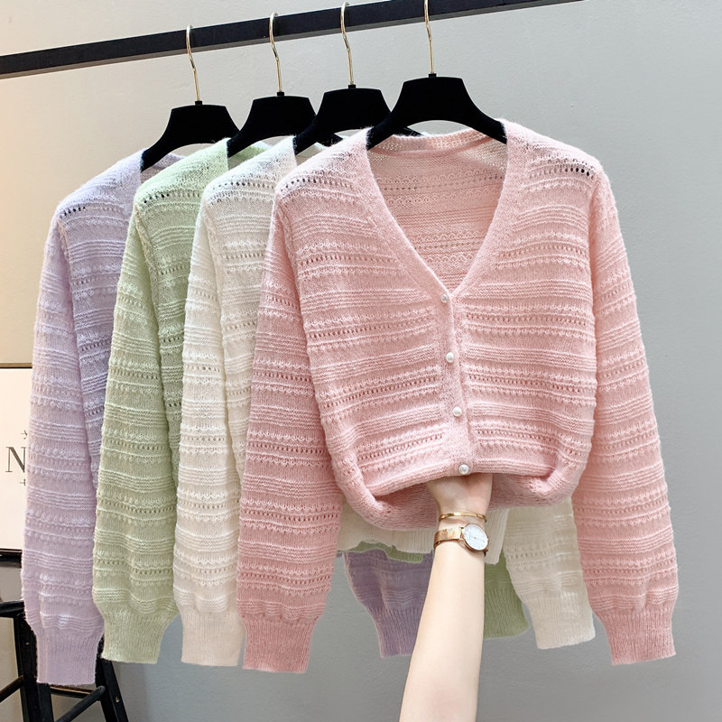 2024年时尚洋气镂空糖果色短款针织衫小开衫外套上衣V领女士防晒