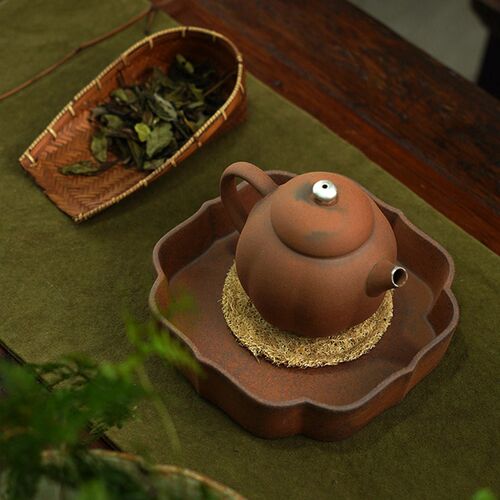 中式复古粗陶壶承干泡盘海棠百搭茶托茶壶垫子茶点碟可做禅意花插