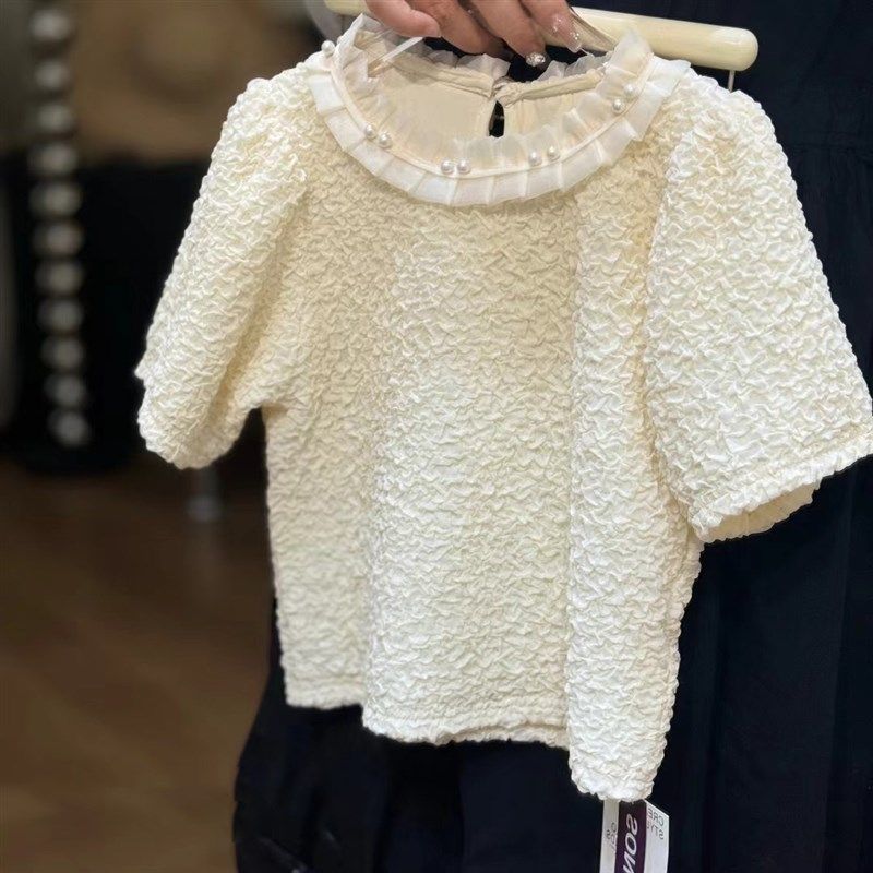 女童甜美泡泡袖圆领娃娃衫2024夏季新款韩版儿童时尚法式钉珠上衣