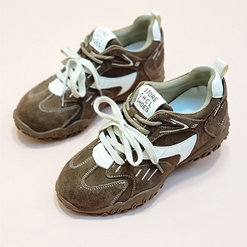 真皮内增高女鞋春季新款坡跟百搭复古厚底德训鞋运动休闲鞋单鞋女