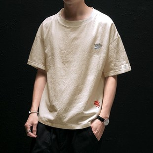 棉麻男装 亚麻t恤男短袖 体恤加肥加大码 中国风半袖 潮牌上衣服 夏季