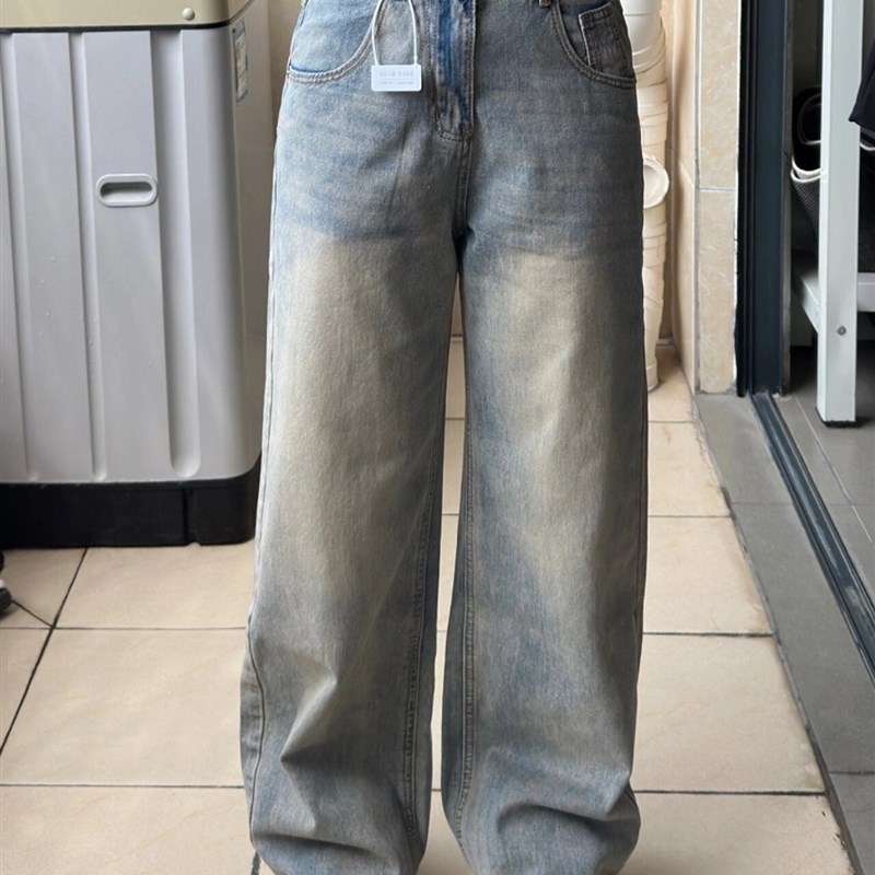 300斤加肥加大胖mm大码美式做旧高腰直筒牛仔裤女宽松显瘦阔腿裤