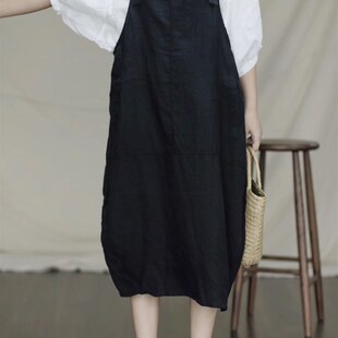 中长裙复古亚麻纯色连衣裙背带裙女 麻料宽松显瘦女装 2020夏季 新款