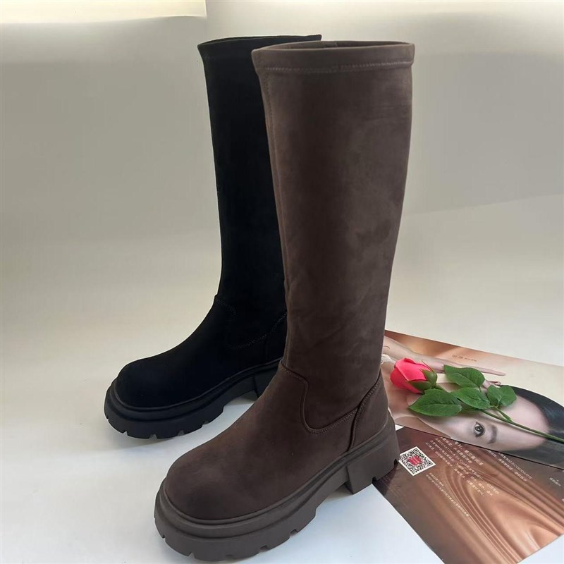 复古甜酷!百~L女鞋子厚底弹力靴加绒长靴女冬新靴子长筒靴瘦瘦靴