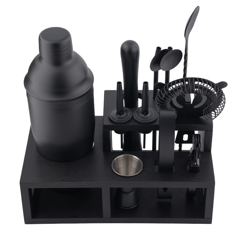不锈钢鸡尾酒调酒器竹架套装黑色喷漆13件套雪克杯调酒器摇酒壶