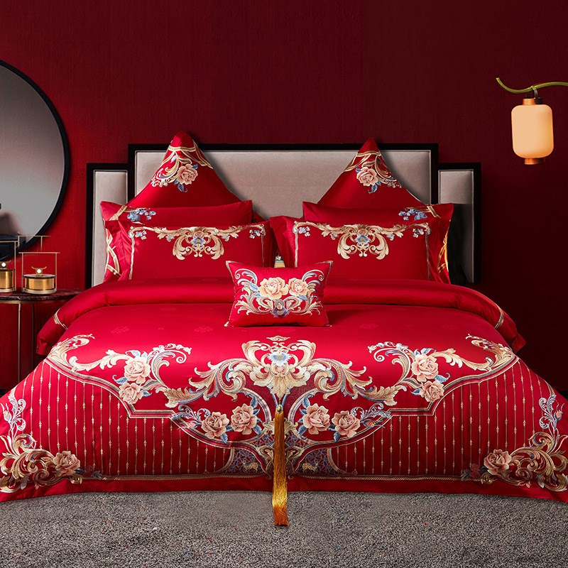 厂家100支双股长绒棉婚庆多件套 大红色刺绣高档结婚床上用品
