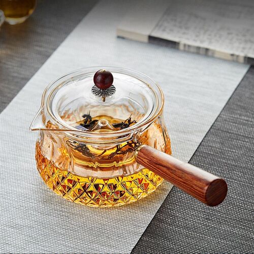 高硼硅侧把玻璃茶壶家用功夫茶具耐热茶水分离木把过滤烧水泡茶壶