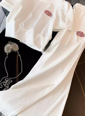 白色运动休闲套装女夏季2024年新款时尚网红减龄阔腿裤两件套洋气