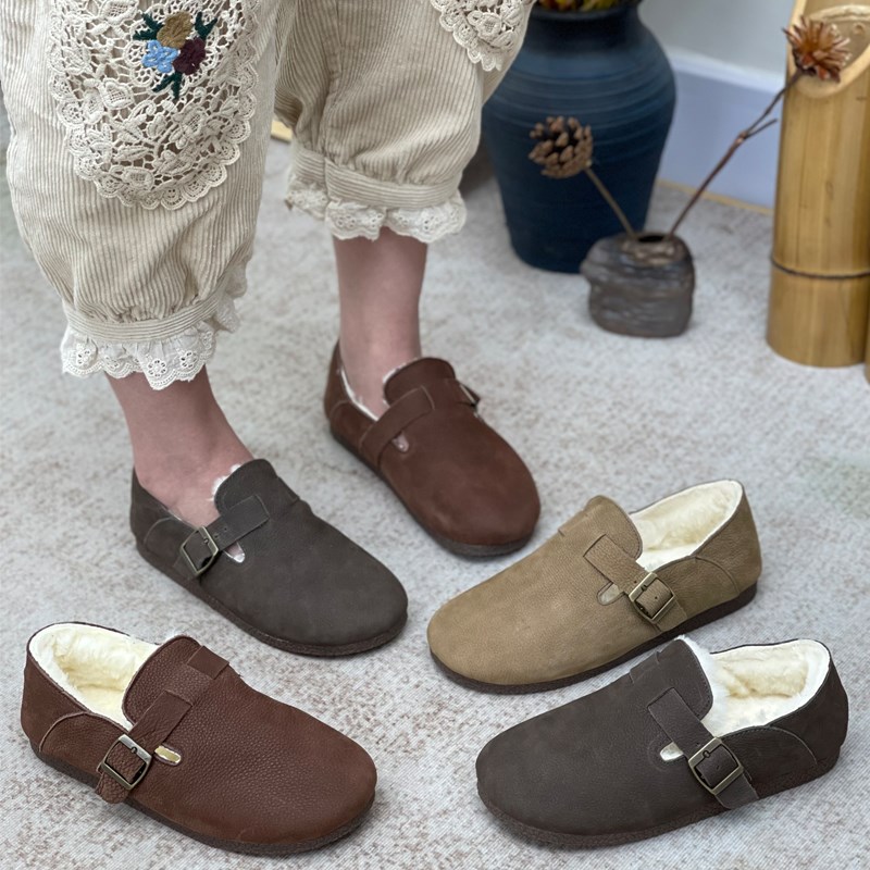 复古森系真皮女鞋冬季加绒纯羊毛圆头丑萌憨憨鞋软底舒适日系棉鞋