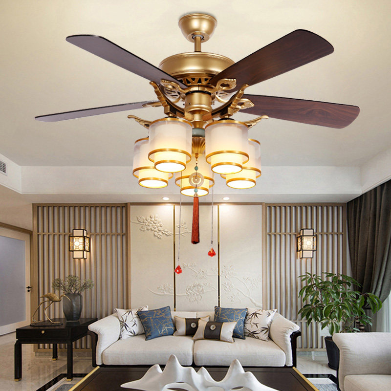 新中式吊扇灯 木叶客厅餐厅灯仿古茶楼风扇灯静音卧室电风扇吊灯