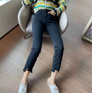 港味宽松九分牛仔裤 脚烟管裤 女9015 洋气不规则裤 巨显瘦黑色新款