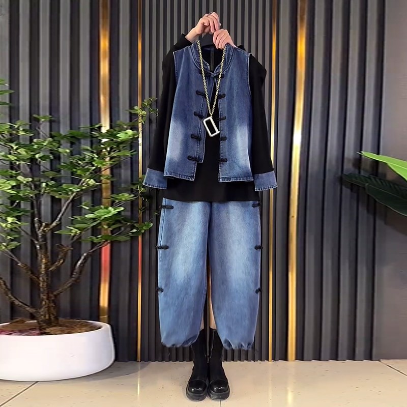 加大码女装立领盘扣马甲拼色袖口打底衫牛仔长裤胖妹妹欧货三件套
