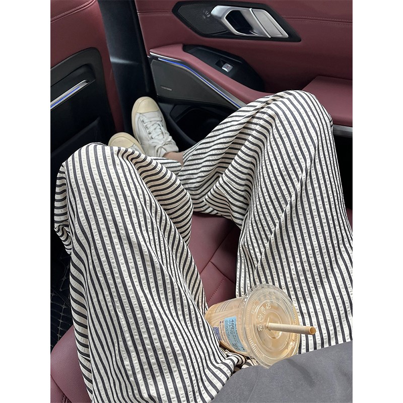 黑白条纹裤女夏薄款胖妹妹mm高腰宽松显瘦慵懒风遛弯阔腿休闲裤子