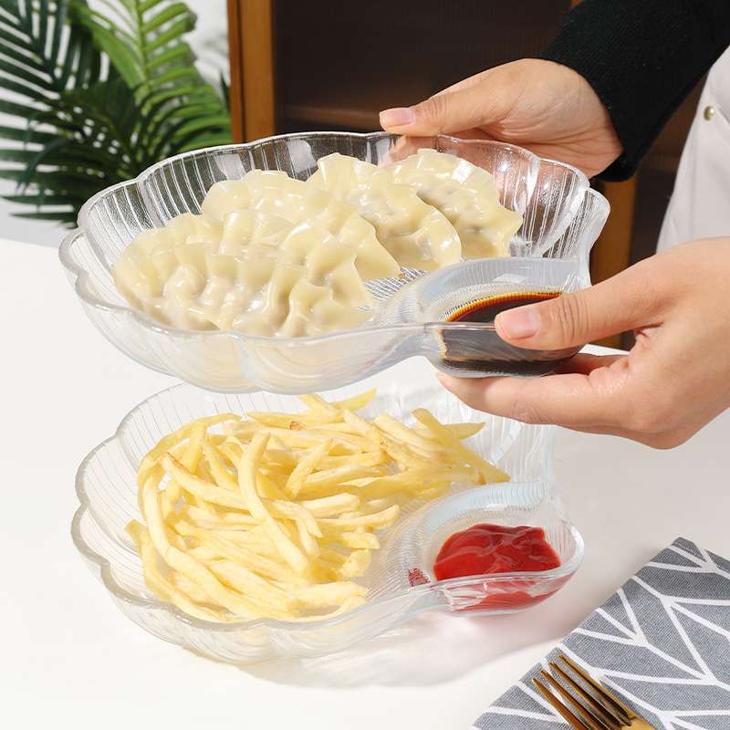 饺子盘子带醋碟家用玻璃水饺盘高颜值专用分格贝壳菜盘创意水盛广
