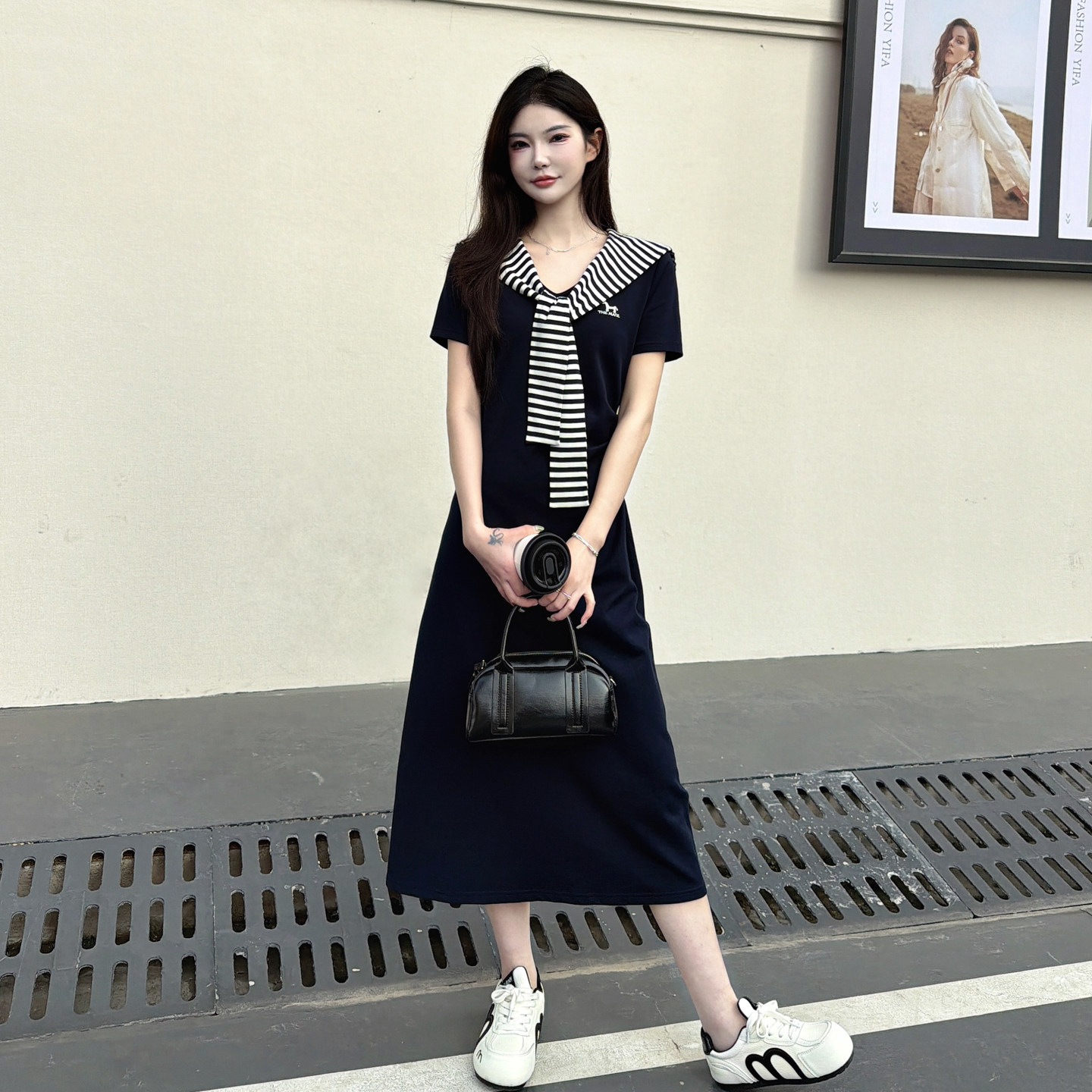 韩系学院风海军领连衣裙女夏V领显瘦收腰气质条纹披肩中长裙2026