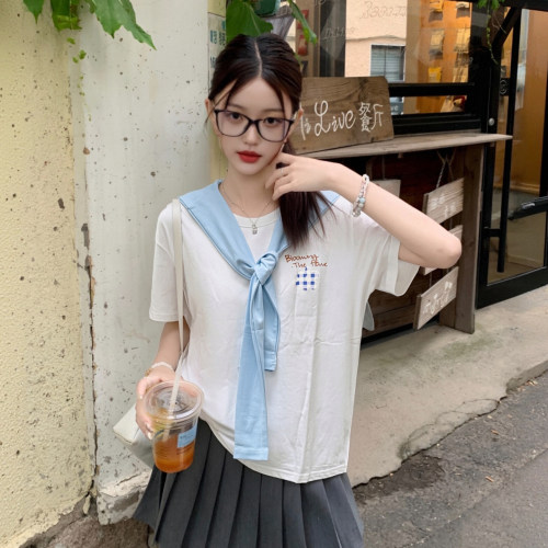 港风学院风减龄披肩短袖T恤衫女