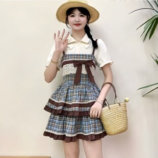 韩系少女漫画感穿搭娃娃领短袖衬衫格子背带蛋糕裙套装女2026夏季