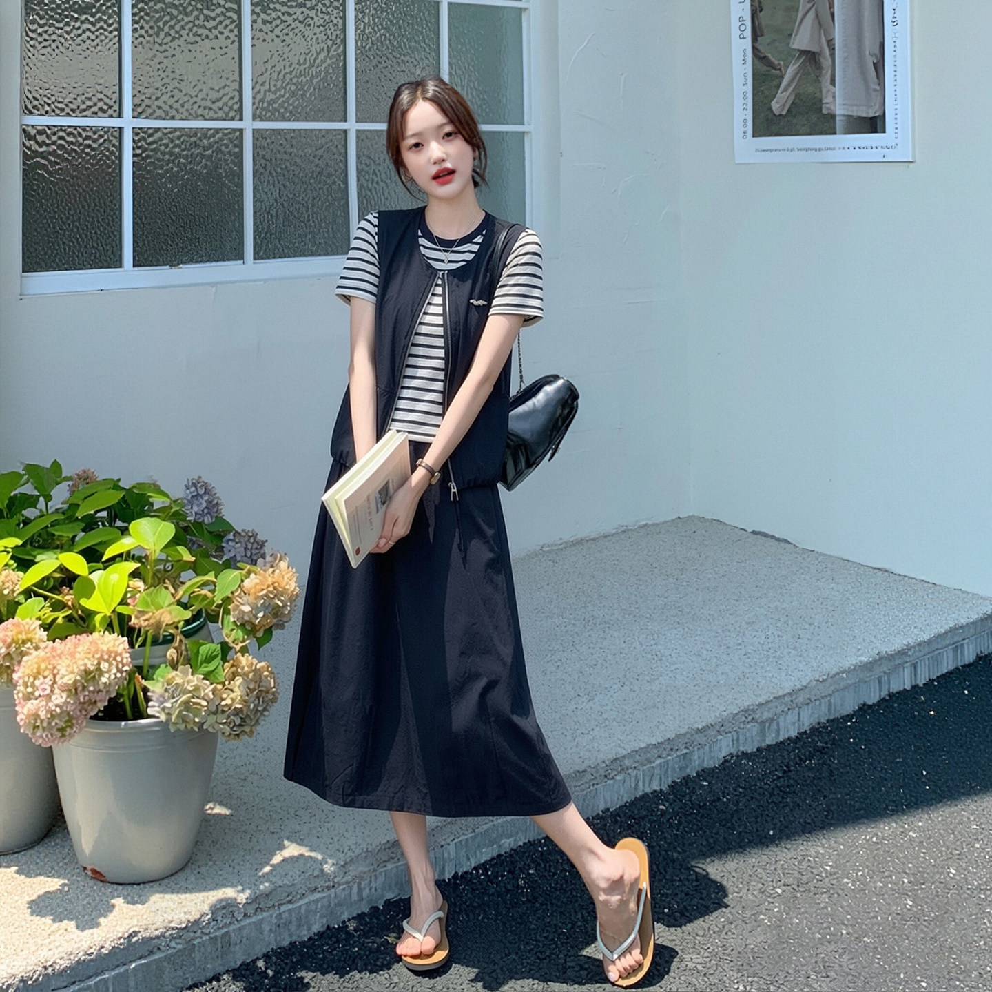 韩系复古马甲套装女2026夏季条纹T恤半身裙时尚流行百搭款三件套